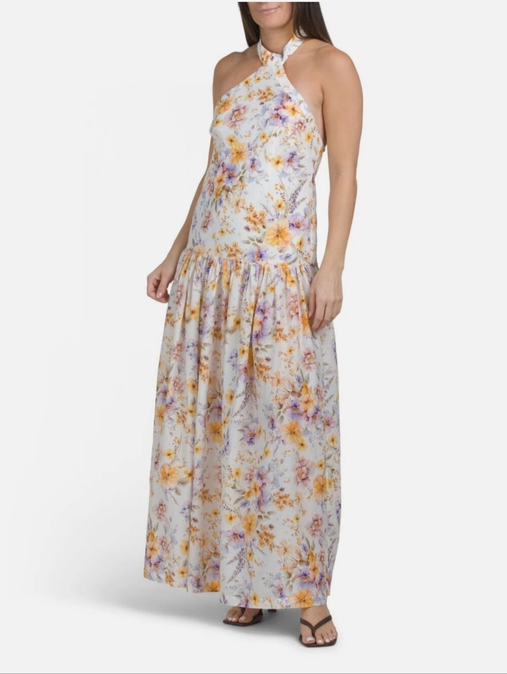 New! Aqua Blu Floral Halter Maxi Silk Blend/Cotton Dress Y2K Cottagecore Austral